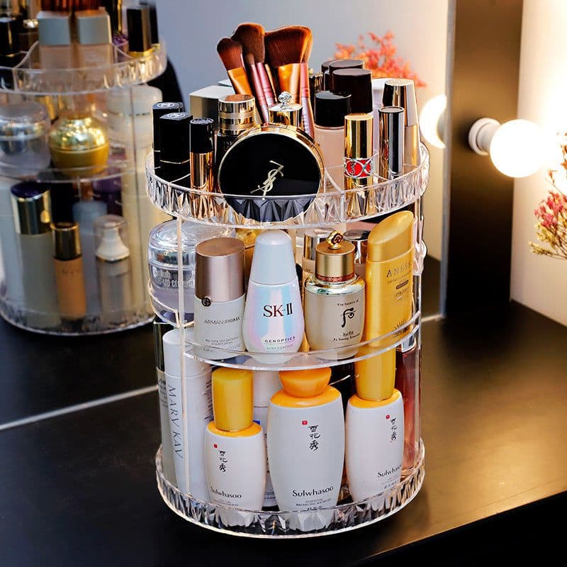 image-Cosmetic box desktop rack, skin care product storage rack, round plastic cosmetic storage box