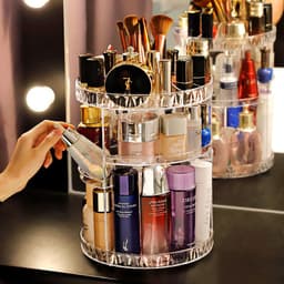image-Cosmetic box desktop rack, skin care product storage rack, round plastic cosmetic storage box