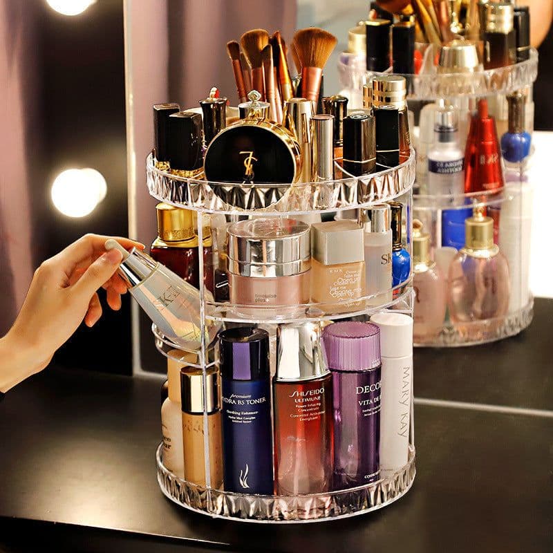 image-Cosmetic box desktop rack, skin care product storage rack, round plastic cosmetic storage box