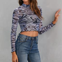 image-Cross-border new product European and American style 2020Wish autumn and winter fashion printing half-high collar long-sleeved slim navel t-shirt for women