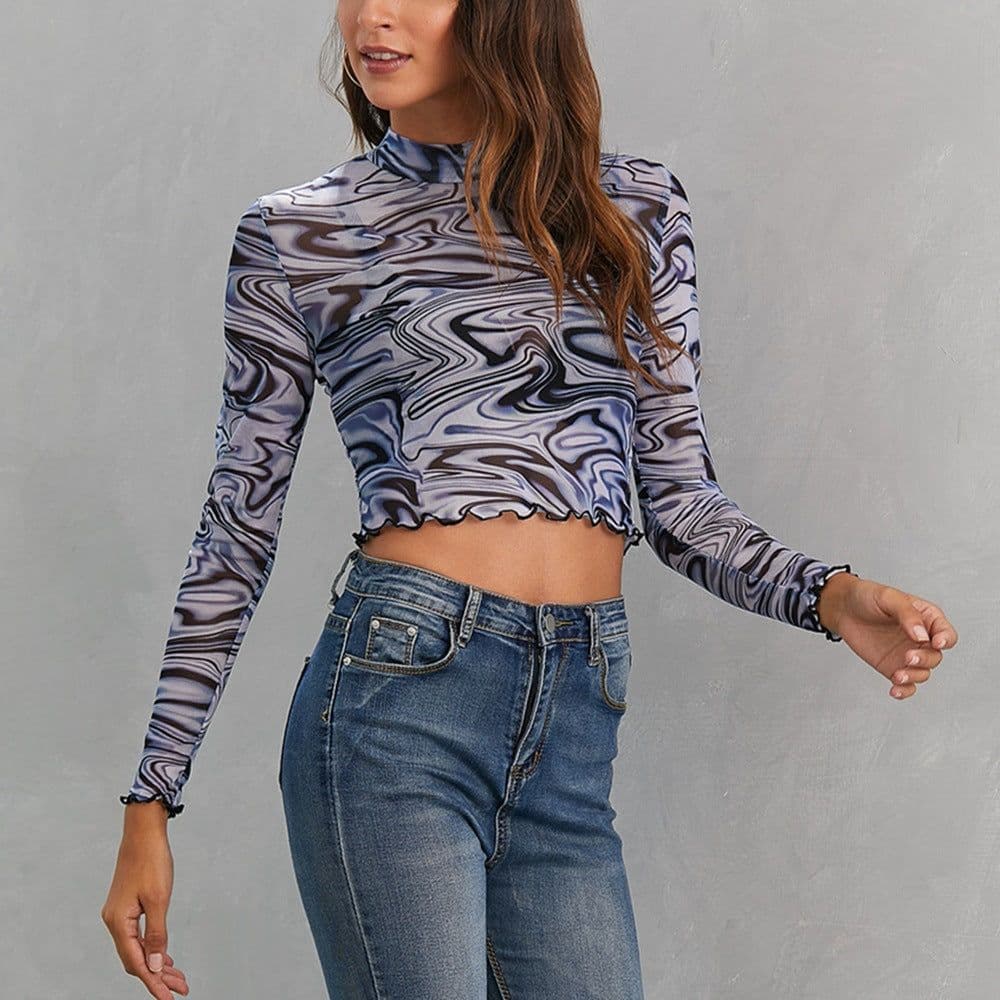 image-Cross-border new product European and American style 2020Wish autumn and winter fashion printing half-high collar long-sleeved slim navel t-shirt for women