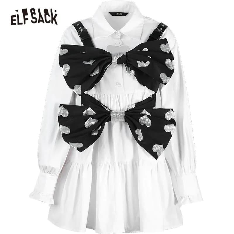 image-Solid Bows Front Casual Dress Women Fake 2 Pieces Sets,Spring ELF