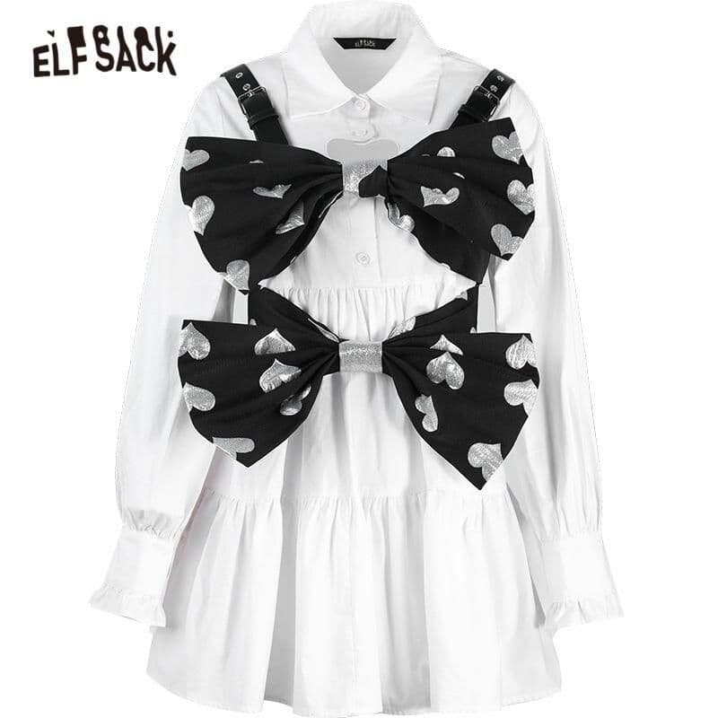 image-Solid Bows Front Casual Dress Women Fake 2 Pieces Sets,Spring ELF