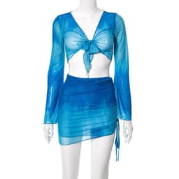 image-R21ST129 Tie-Dye Mesh Skirt European and American Women's Spring/Summer 2021 Printed Navel Trumpet Sleeve Beach Short Skirt Set