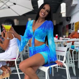 image-R21ST129 Tie-Dye Mesh Skirt European and American Women's Spring/Summer 2021 Printed Navel Trumpet Sleeve Beach Short Skirt Set