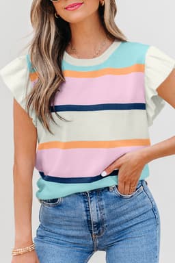 image-Multicolor Striped Flutter Sleeve Sweater Top