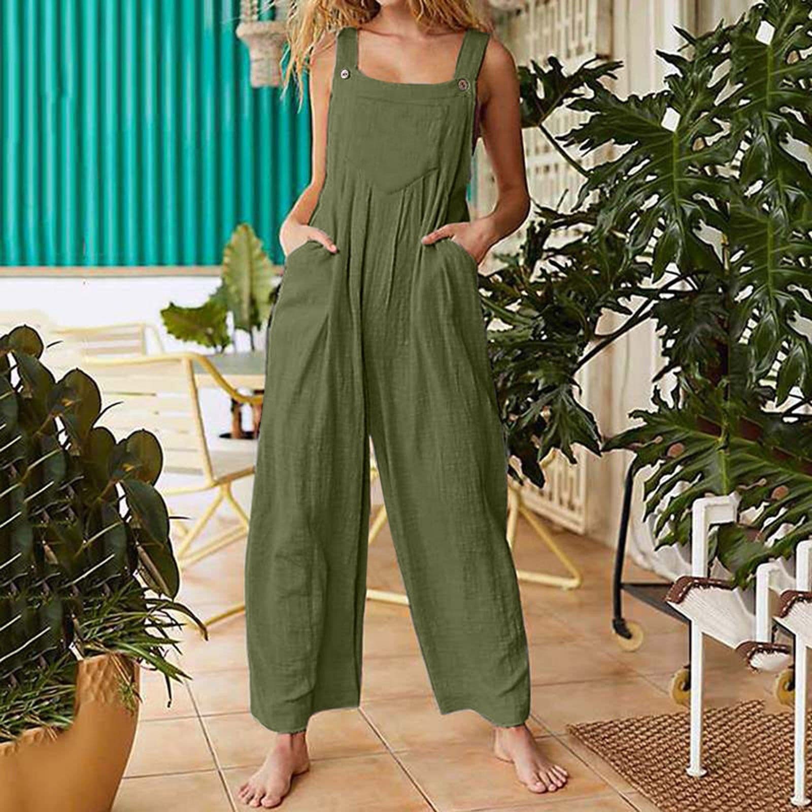 image-2021 new Amazon cross-border foreign trade female printing sleeveless side pocket casual wide-leg side buckle jumpsuit
