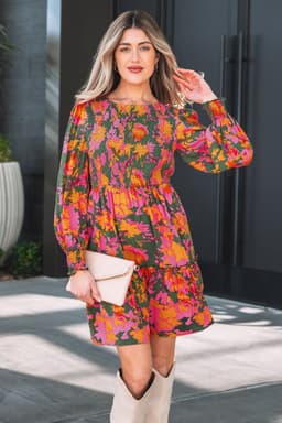 image-Multicolor Floral Long Sleeve Smocked Mini Dress