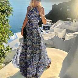 image-2021 European and American foreign trade new style round neck sleeveless printed pleated dress women's dress long skirt