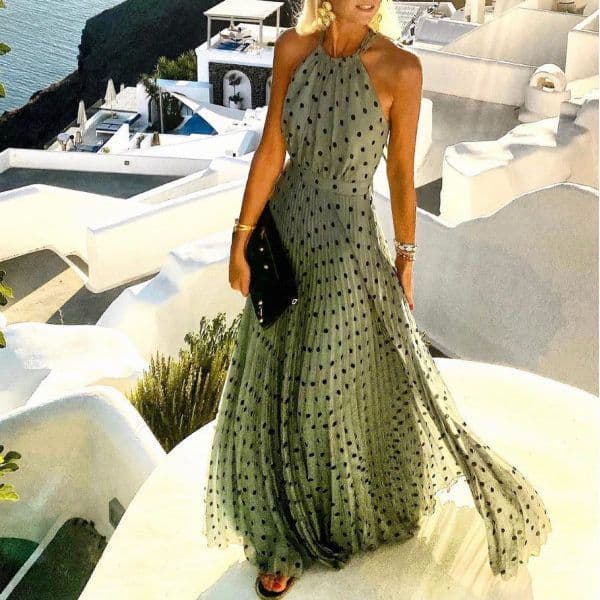 image-2021 European and American foreign trade new style round neck sleeveless printed pleated dress women's dress long skirt