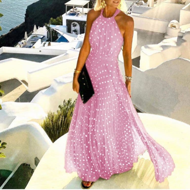 image-2021 European and American foreign trade new style round neck sleeveless printed pleated dress women's dress long skirt