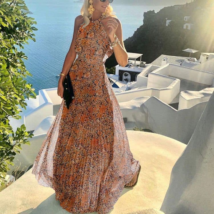 image-2021 European and American foreign trade new style round neck sleeveless printed pleated dress women's dress long skirt