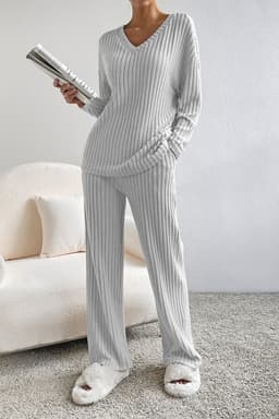 image-Ribbed Knit V Neck Slouchy Two-Piece Outfit - Khaki Modern Chic
