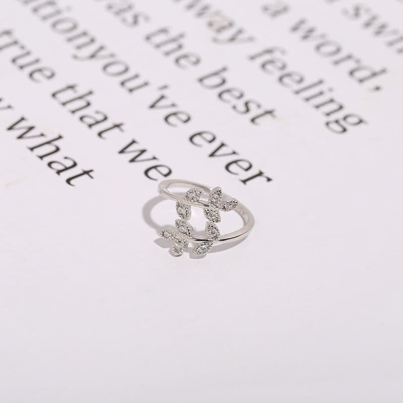 image-S925 silver ring Korean version of small fresh and wild temperament diamond leaf open ring art olive branch ring