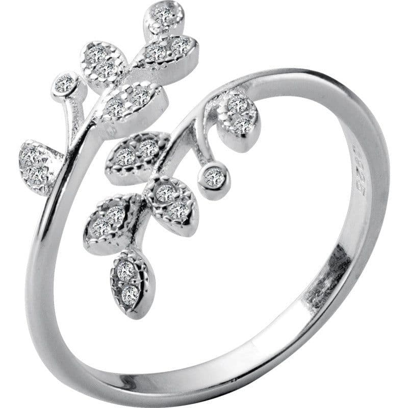 image-S925 silver ring Korean version of small fresh and wild temperament diamond leaf open ring art olive branch ring