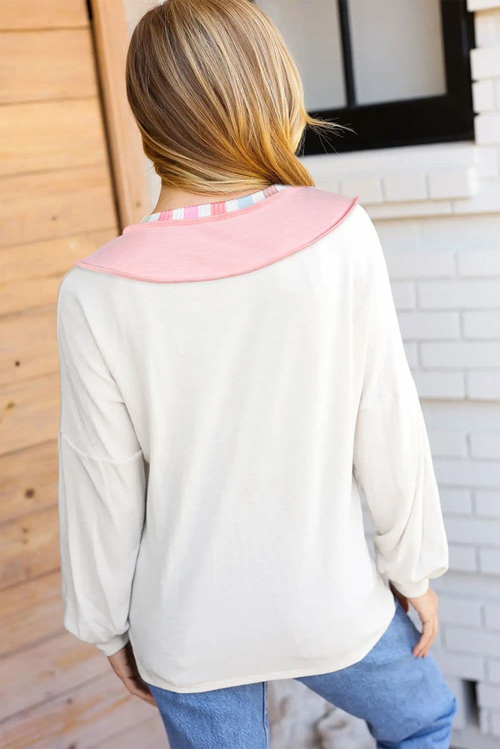 image-White Rainbow Stripe Color Block V Neck Long Sleeve Top