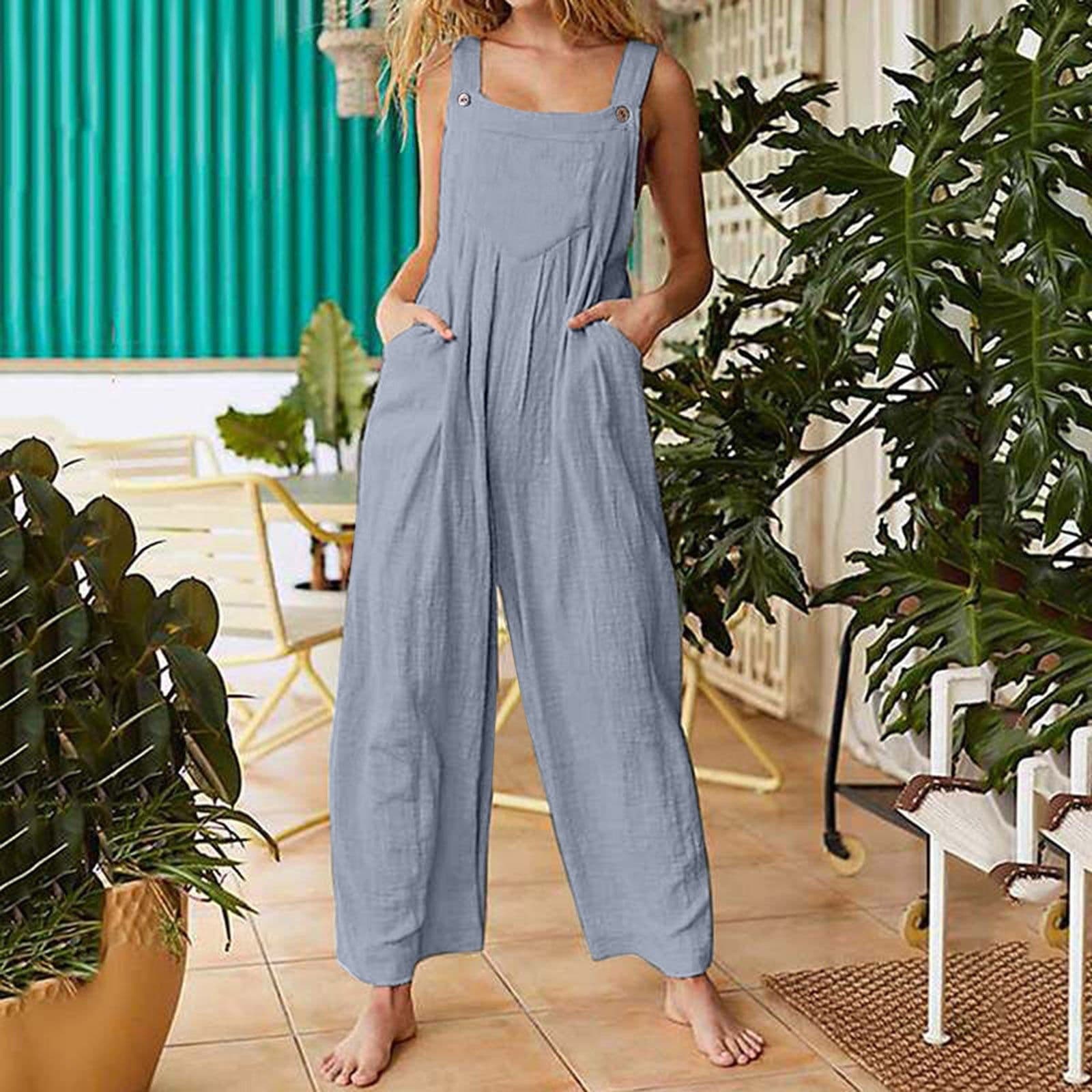 image-2021 new Amazon cross-border foreign trade female printing sleeveless side pocket casual wide-leg side buckle jumpsuit