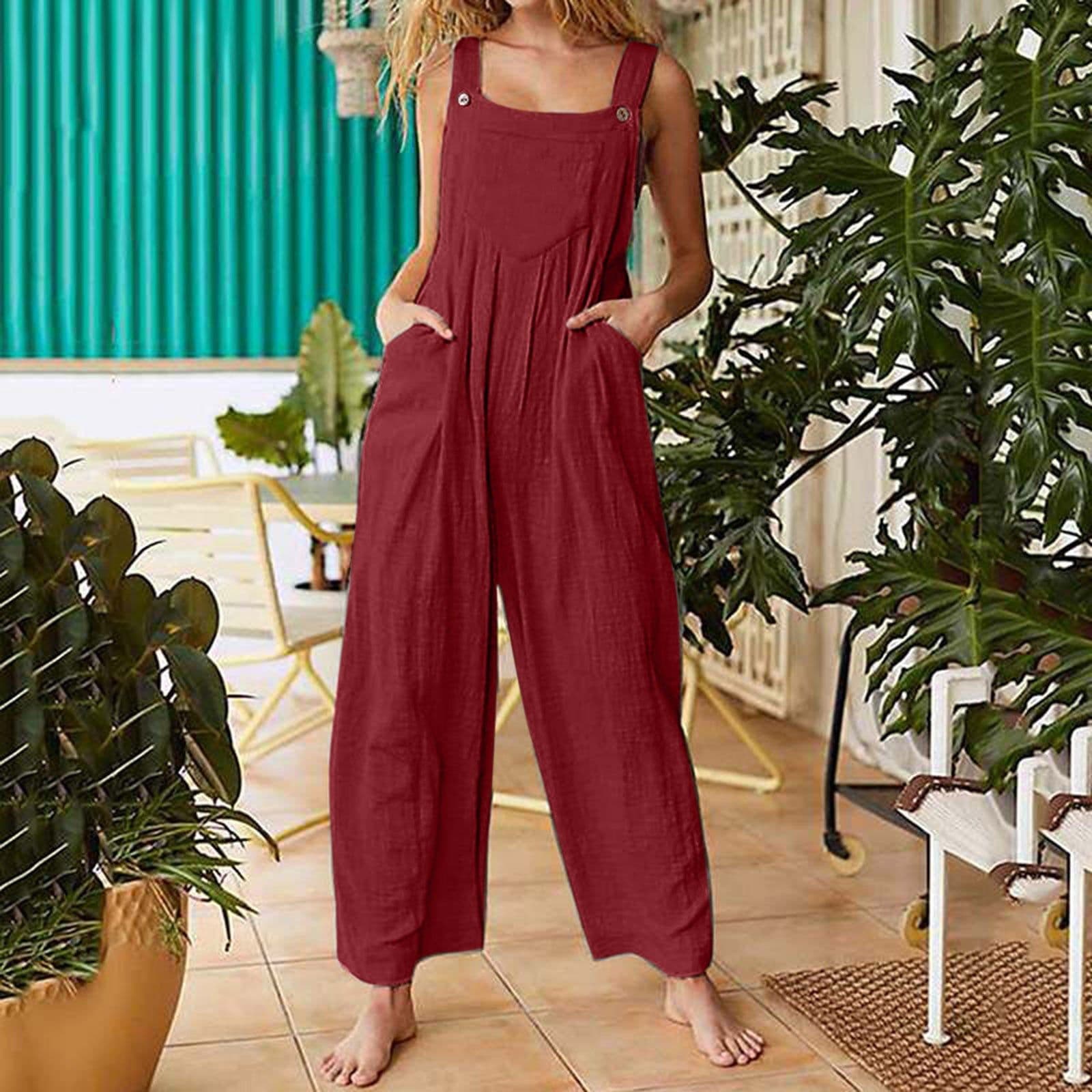 image-2021 new Amazon cross-border foreign trade female printing sleeveless side pocket casual wide-leg side buckle jumpsuit