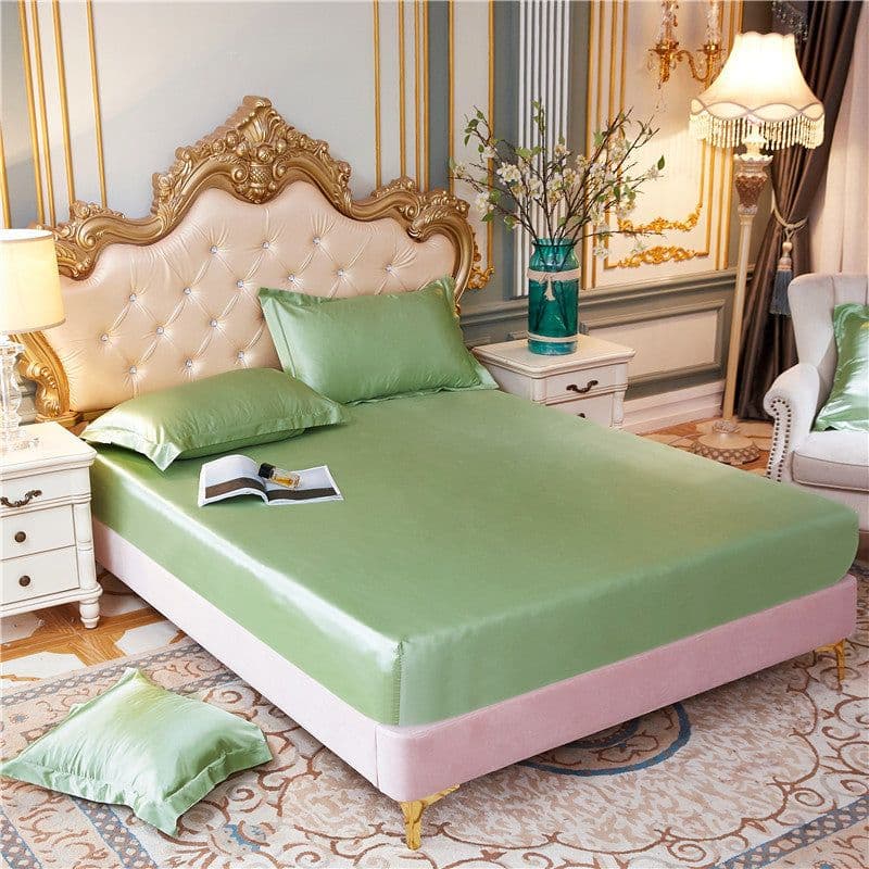 image-E-commerce cross-border silk bed sheet multi-size single bed sheet solid color bed sheet three-piece set of imitation silk smooth bed sheet