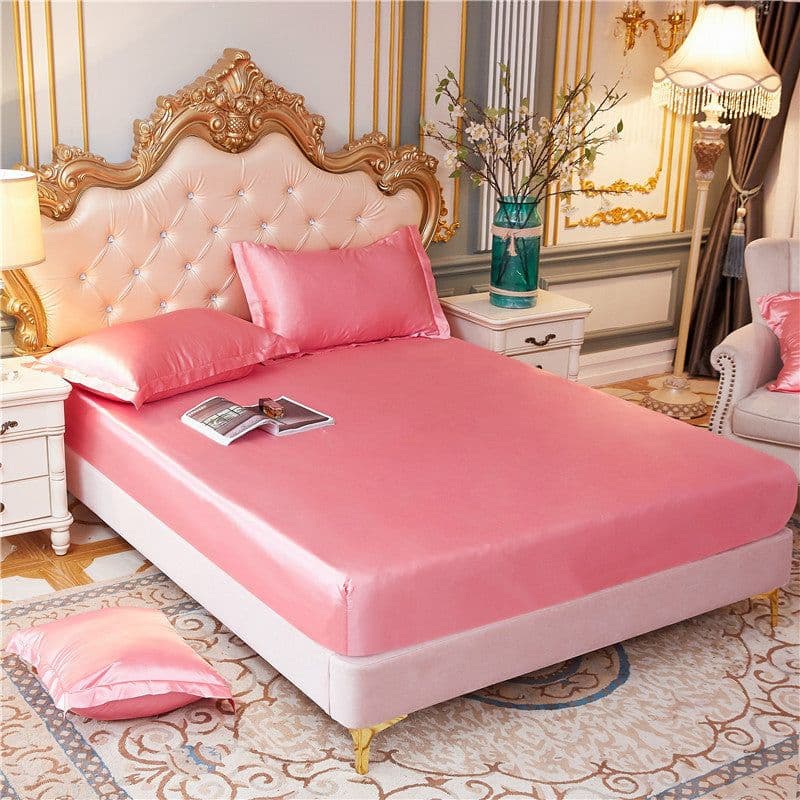image-E-commerce cross-border silk bed sheet multi-size single bed sheet solid color bed sheet three-piece set of imitation silk smooth bed sheet
