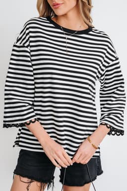 image-Sachet Pink Striped Print Drop Shoulder Lace Trim Bracelet Sleeve Loose Top