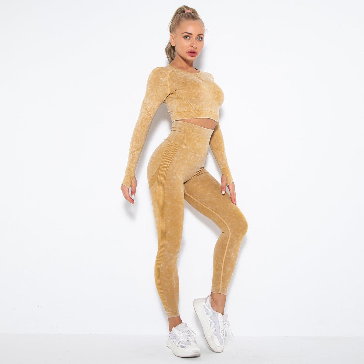 image-Spot! New cross-border quick-drying seamless washing yoga sports running long-sleeved trousers fitness suit women