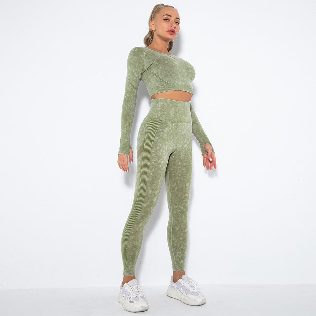 image-Spot! New cross-border quick-drying seamless washing yoga sports running long-sleeved trousers fitness suit women