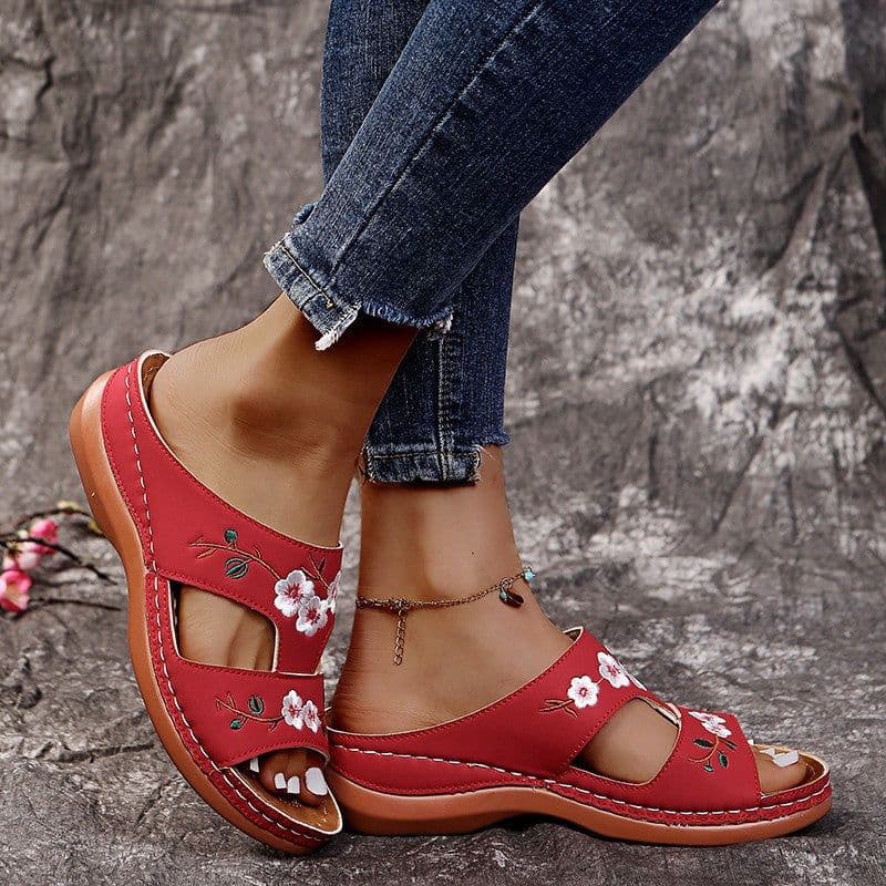 image-2021 summer new Amazon foreign trade women's shoes hollow flower embroidery sandals slope with large size women's slippers women