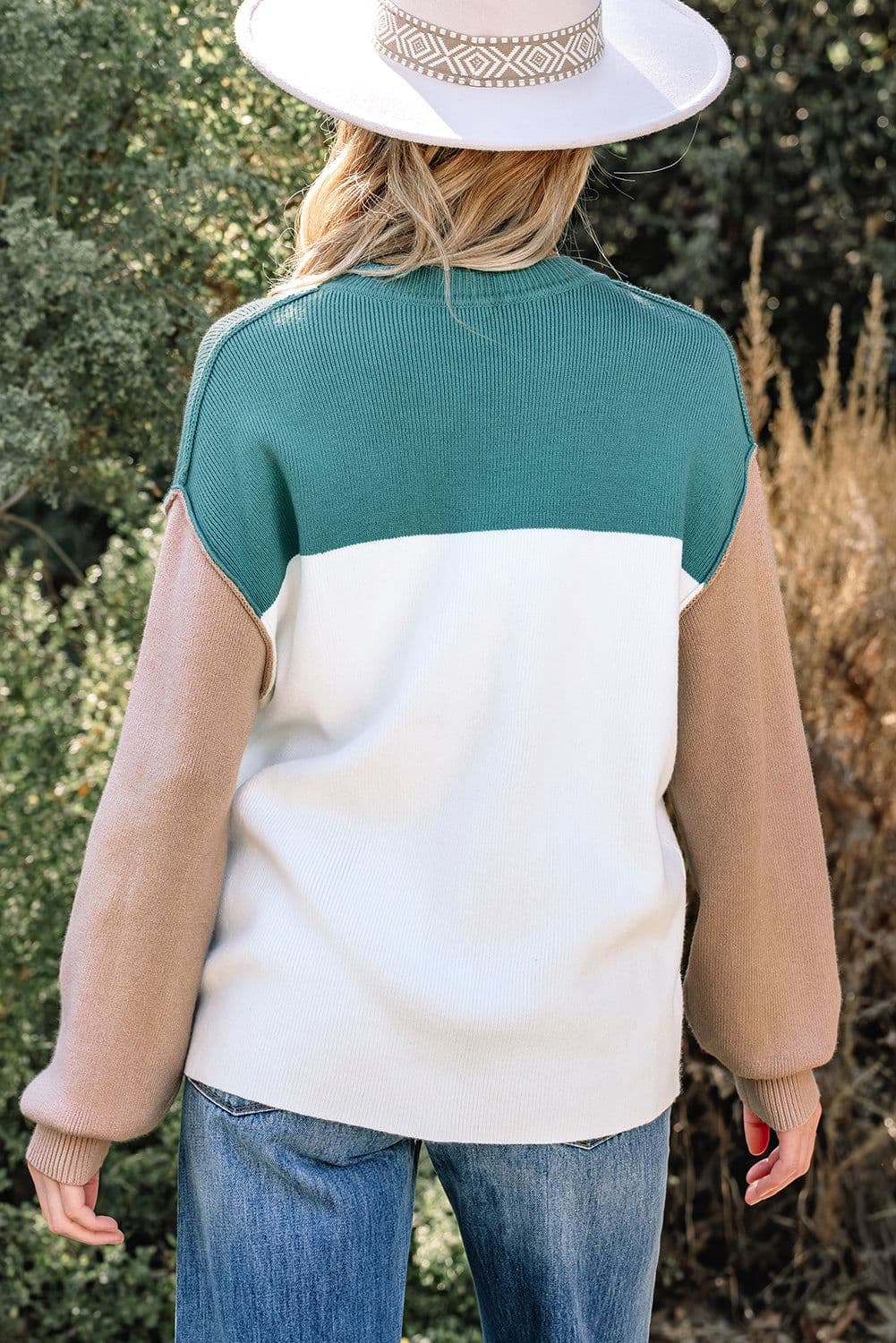image-Khaki Color Block Ribbed Knit Baggy Sweater