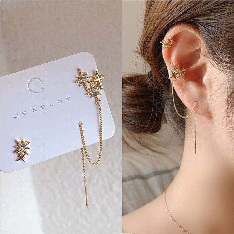image-925 silver needle-like full diamond star asymmetric earrings niche long earrings earrings tassel earrings internet celebrity earrings