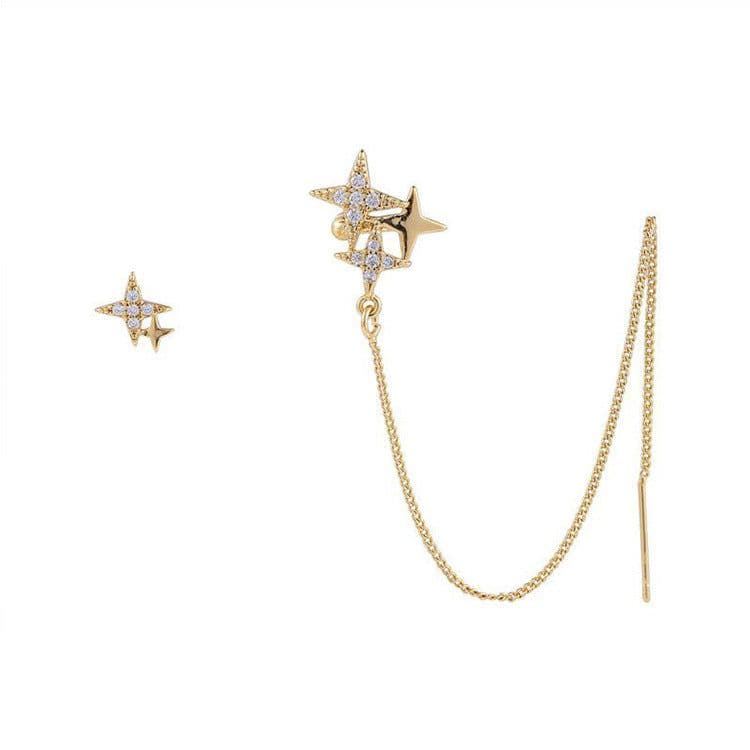 image-925 silver needle-like full diamond star asymmetric earrings niche long earrings earrings tassel earrings internet celebrity earrings