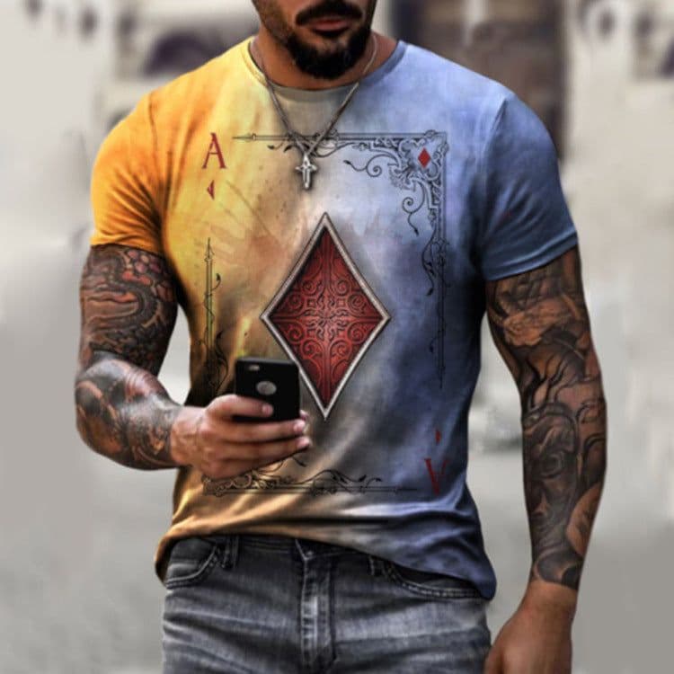 image-Spot cross-border European and American foreign trade summer men's fashion casual simple playing card printing round neck short-sleeved T-shirt