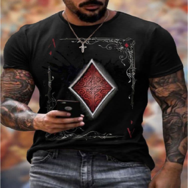 image-Spot cross-border European and American foreign trade summer men's fashion casual simple playing card printing round neck short-sleeved T-shirt