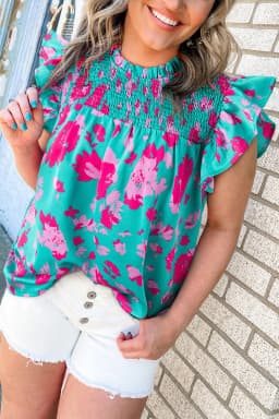 image-Green Floral Ruffled Flutter Sleeve Ruched Blouse