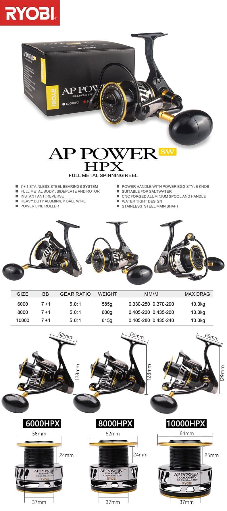 image-AP POWER SW Spinning Fishing Reels 6000/8000/10000 Gear Ratio 5.0:1