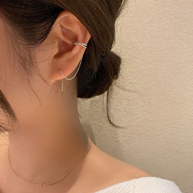 image-Korean Super Fairy Tassel High-end Earrings Chain Small Ear Wire Earrings S925 Silver Needle Earrings Clip Women's Face Slimming
