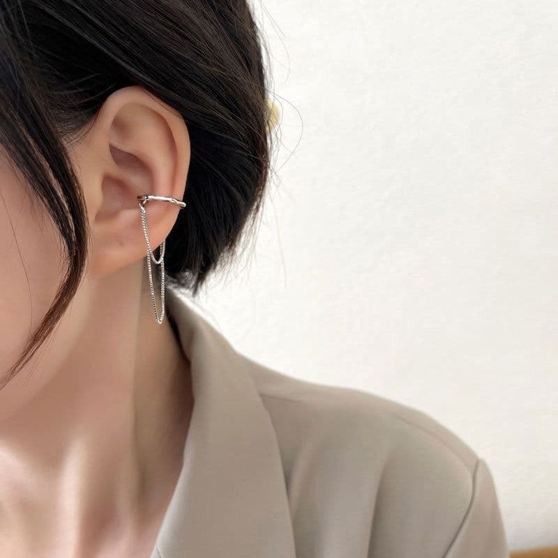 image-Korean Super Fairy Tassel High-end Earrings Chain Small Ear Wire Earrings S925 Silver Needle Earrings Clip Women's Face Slimming