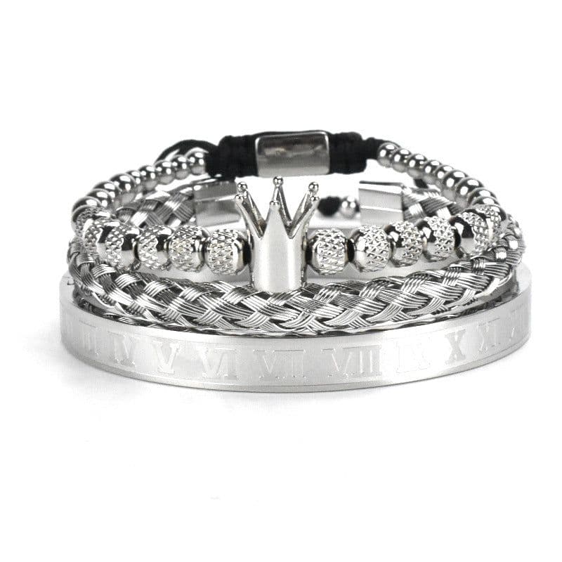 image-European and American retro wild crown braided bracelet Roman alphabet braided stainless steel mesh bracelet set of three men
