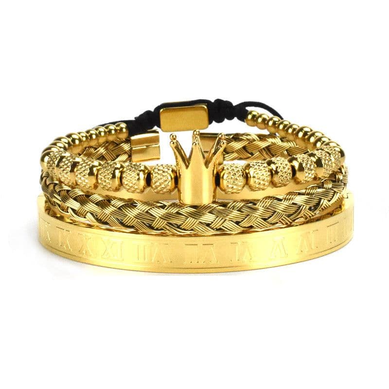 image-European and American retro wild crown braided bracelet Roman alphabet braided stainless steel mesh bracelet set of three men