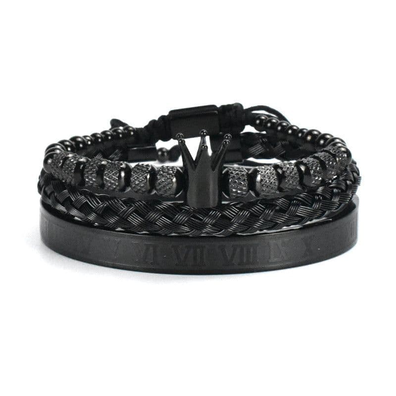 image-European and American retro wild crown braided bracelet Roman alphabet braided stainless steel mesh bracelet set of three men