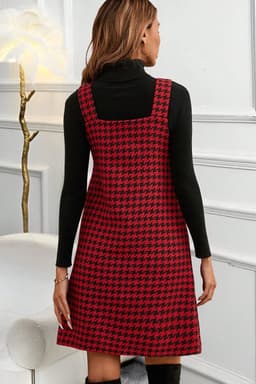 image-Red Houndstooth Print V Neck Sleeveless Mini Dress