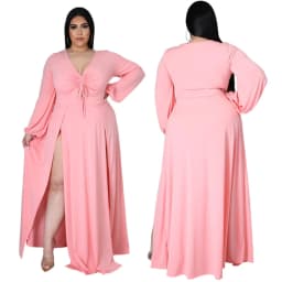 image-CY1583 European and American Amazon new fashion sexy V-neck solid color plus size dress female split skirt design