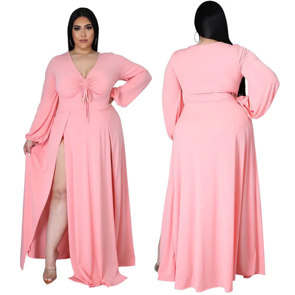 image-CY1583 European and American Amazon new fashion sexy V-neck solid color plus size dress female split skirt design