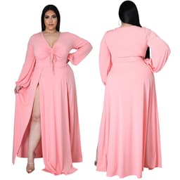 image-CY1583 European and American Amazon new fashion sexy V-neck solid color plus size dress female split skirt design