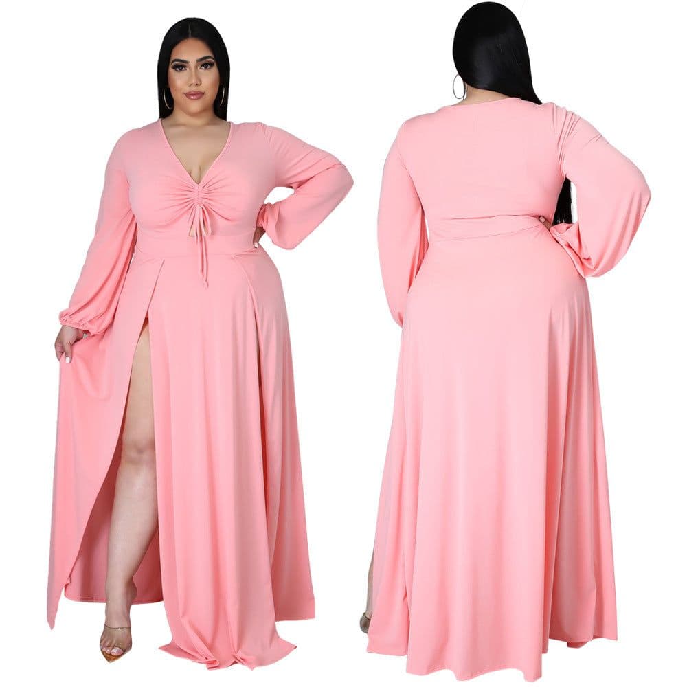 image-CY1583 European and American Amazon new fashion sexy V-neck solid color plus size dress female split skirt design