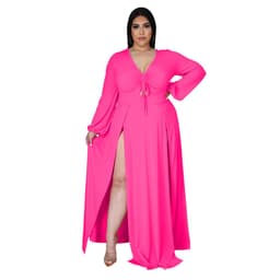 image-CY1583 European and American Amazon new fashion sexy V-neck solid color plus size dress female split skirt design