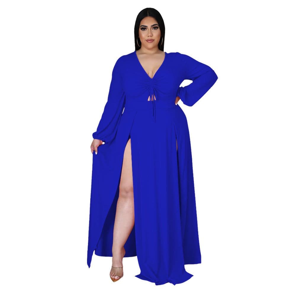 image-CY1583 European and American Amazon new fashion sexy V-neck solid color plus size dress female split skirt design