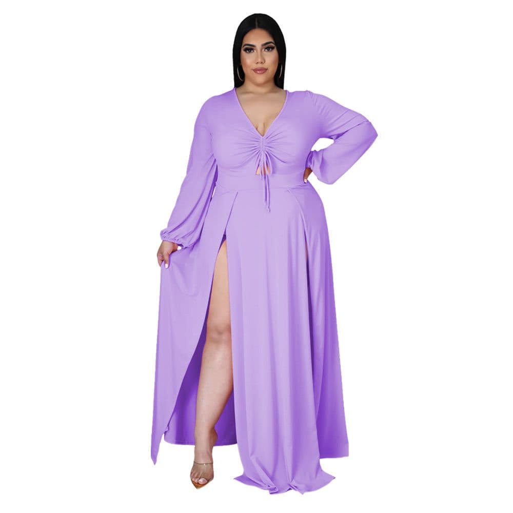 image-CY1583 European and American Amazon new fashion sexy V-neck solid color plus size dress female split skirt design