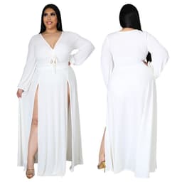 image-CY1583 European and American Amazon new fashion sexy V-neck solid color plus size dress female split skirt design