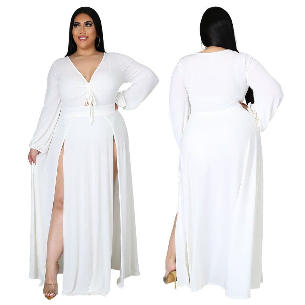 image-CY1583 European and American Amazon new fashion sexy V-neck solid color plus size dress female split skirt design
